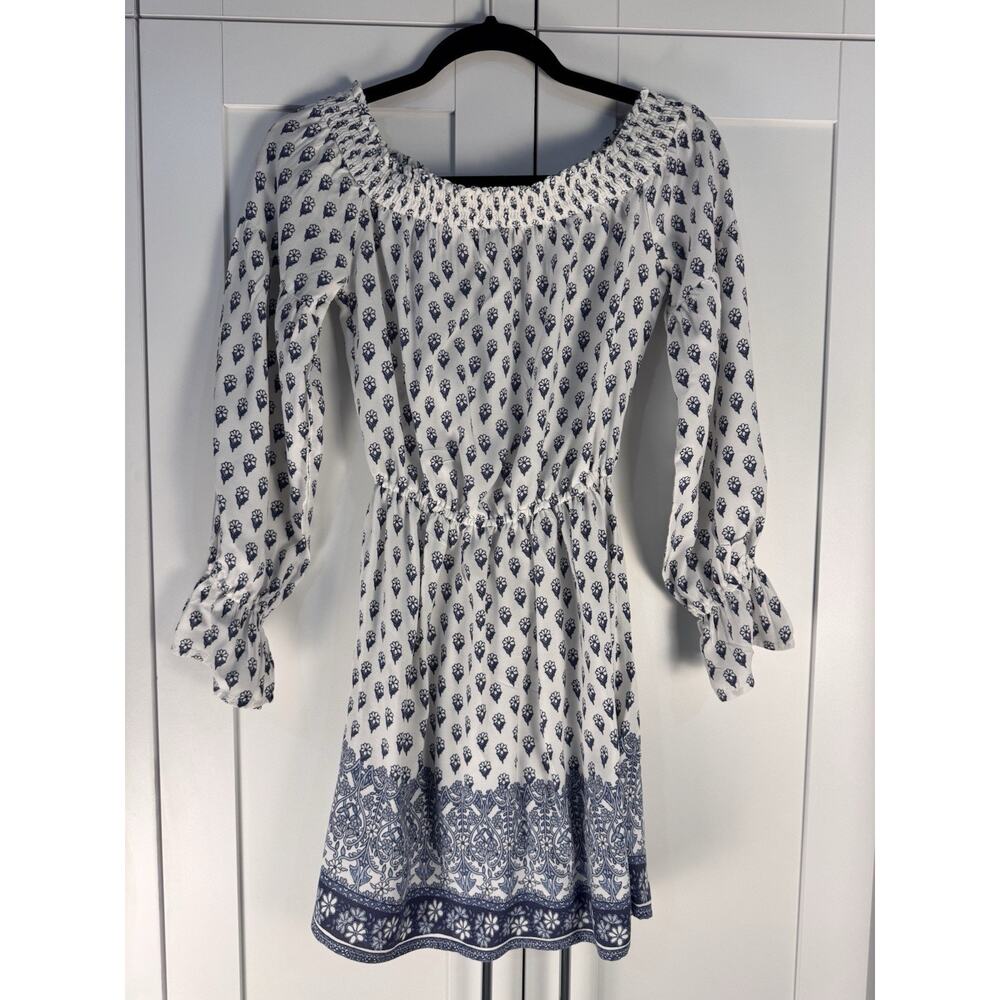 Hollister Off Shoulder Dress XS White Blue Boho Smocked Mini Peasant Milkmaid